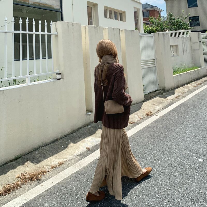Egg ·【Silk-Like Wool Mocha Skirt】Accordion Pleated, Flowy, Large Hem, Elastic Waist, Long Skirt