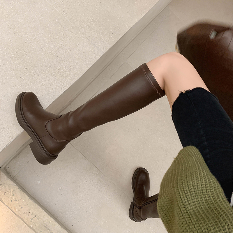 Tread of shit ~ Soft to explosive ~ thick bottom heightening round rider boots female display slim elasticity though knee-length boots high cylinder boots-Taobao