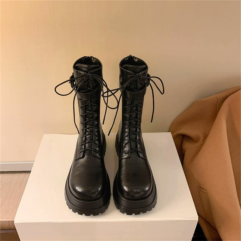 Absolute version Giant comfortable fashion Inlan sweet spicy round head thick bottom heightening lacing Martin boots mid-cylinder boots 5 5cm-Taobao