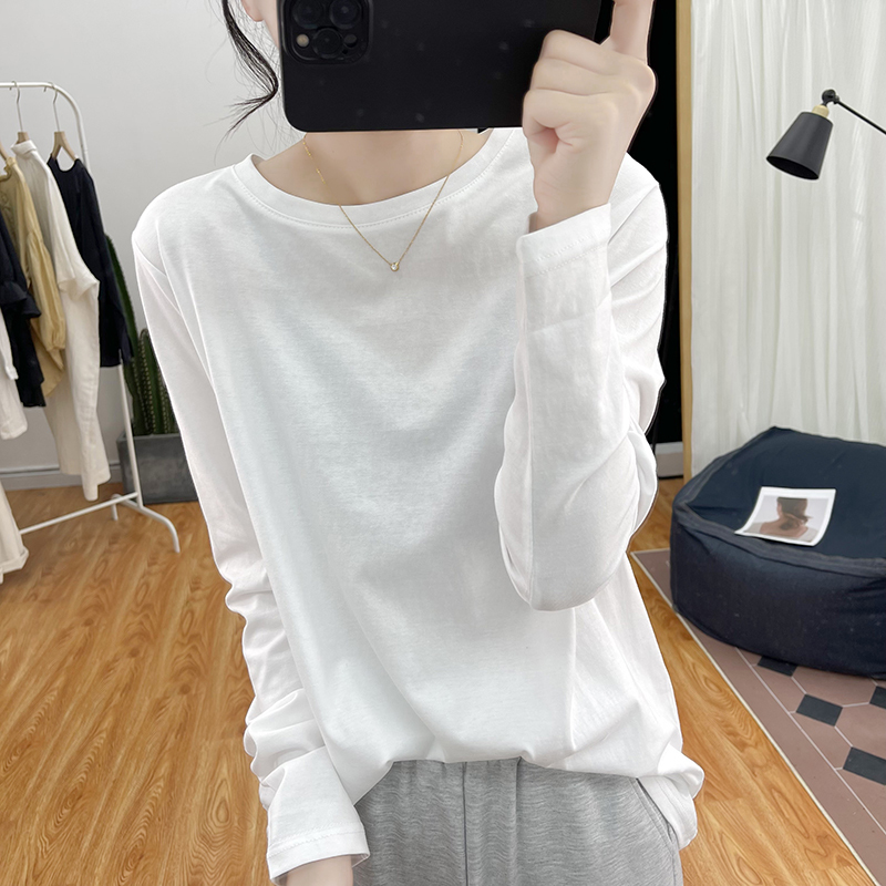 High-Quality Pure Cotton Long-Sleeved White T-Shirt for Women, Korean Style Retro Spring and Autumn Loose Round Neck Top, Base Shirt, T-Shirt