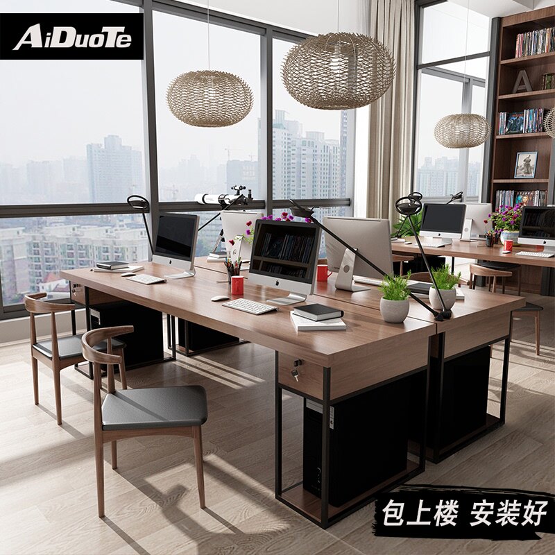 Industrial style solid wood staff desk Office finance clerk work desk 2 4-person office desk and chair combination