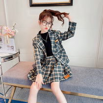Girls Suit Set Autumn Dress 2021 New Girls with foreign style lattice dress for children Korean suit two-piece suit
