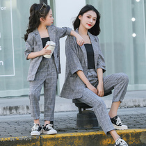 Girls suit suit 2021 new parent-child outfit girl fashion suspender spring and autumn Korean version of mother and daughter suit three-piece suit