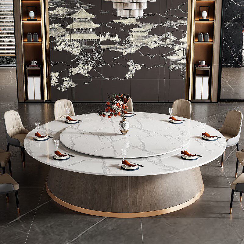 Hotel marble electric dining table light luxury rock slab large round table 20 people hotel electric large round table automatic rotation