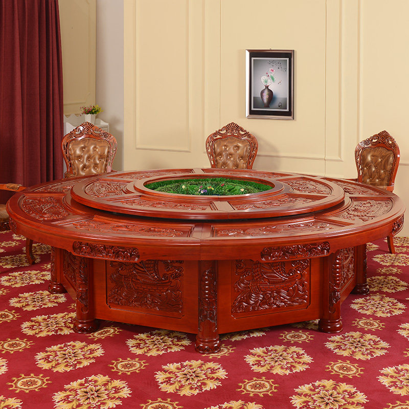 New classical hotel dining table large round table round wooden turntable electric dining table and chair combination luxury hotel table