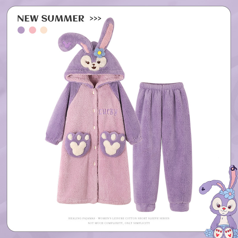 Children's pajamas girls winter thickened flannel nightgown hooded coral velvet middle child girl Xingdailu big child