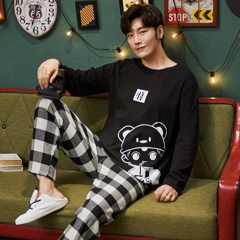 Men's pajamas pure cotton long-sleeved spring and autumn thin section youth students junior high school students cartoon plus size cotton big boy