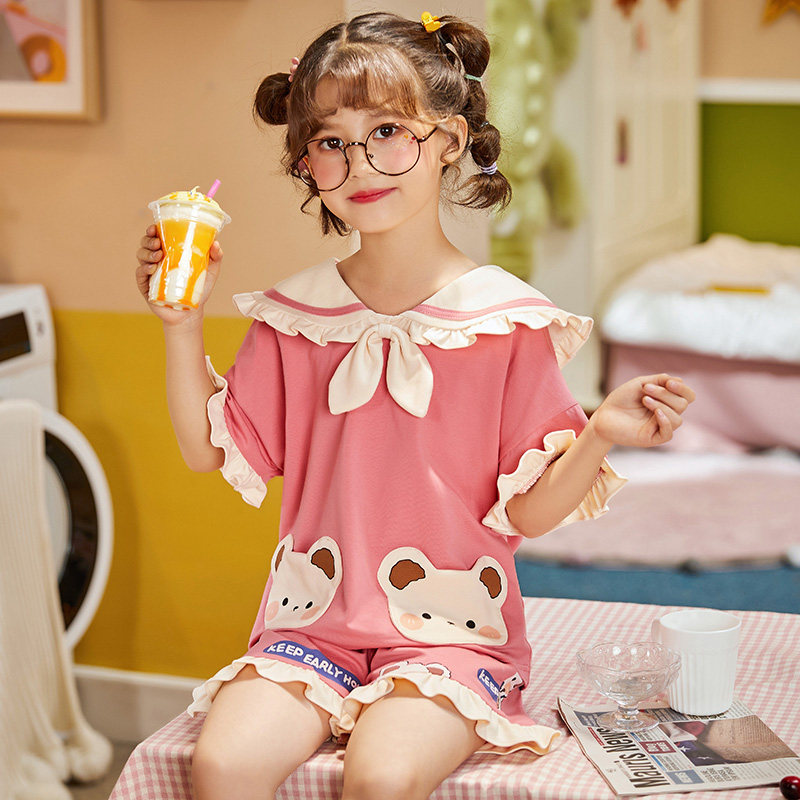 Summer girls pyjamas in children pure cotton short sleeves Children girl thin family clothes suit Grand Tong Princess Windy
