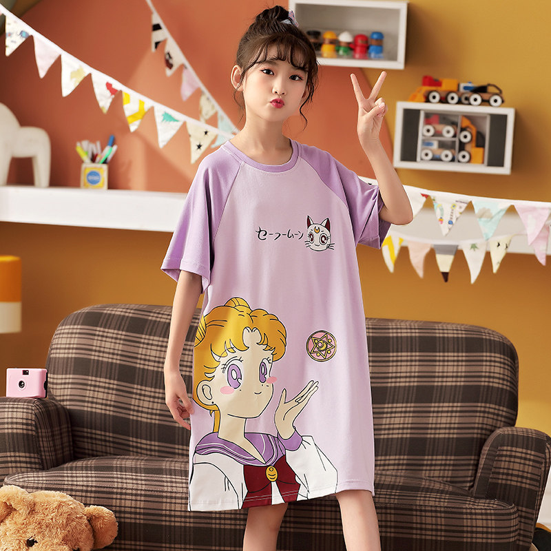 Children's pajamas girls are pure cotton summer short sleeve thin beauty girls in the big boy's home dress can wear the princess