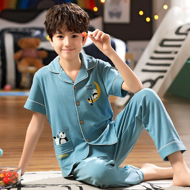 Children's pajamas summer boys short-sleeved trousers thin section cotton big kids boy middle child home wear suit 8-15 years old