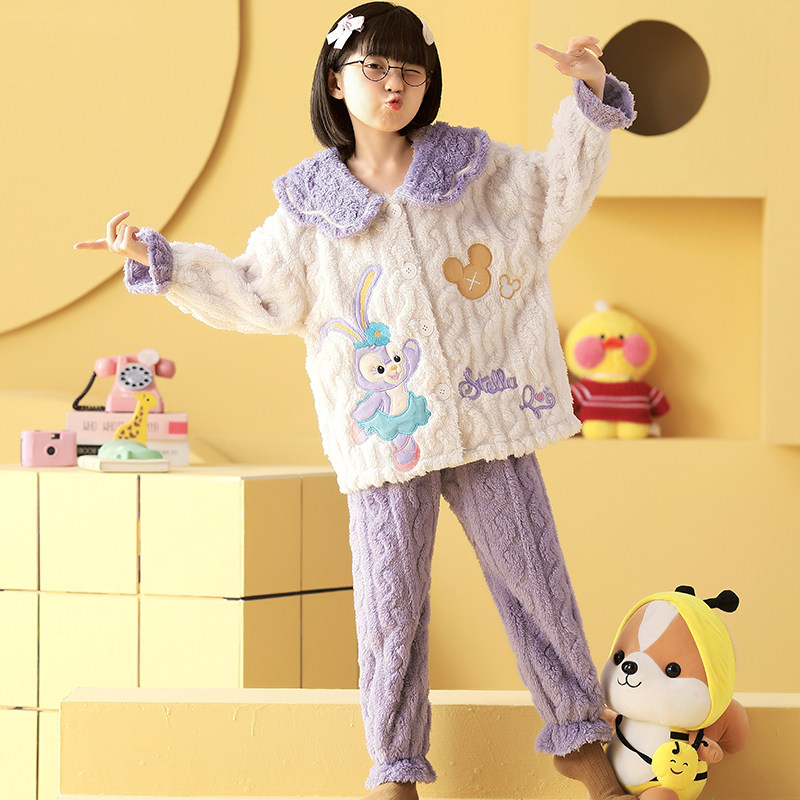 Children's pajamas coral velvet girls winter thickened flannel girls mid-child cardigan big kids homewear 2021