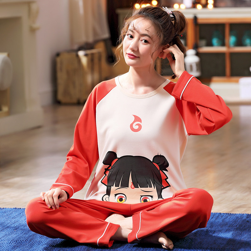 Ladies pajamas pure cotton long-sleeved suit spring and autumn thin home clothes girls cute pajamas can be worn outside