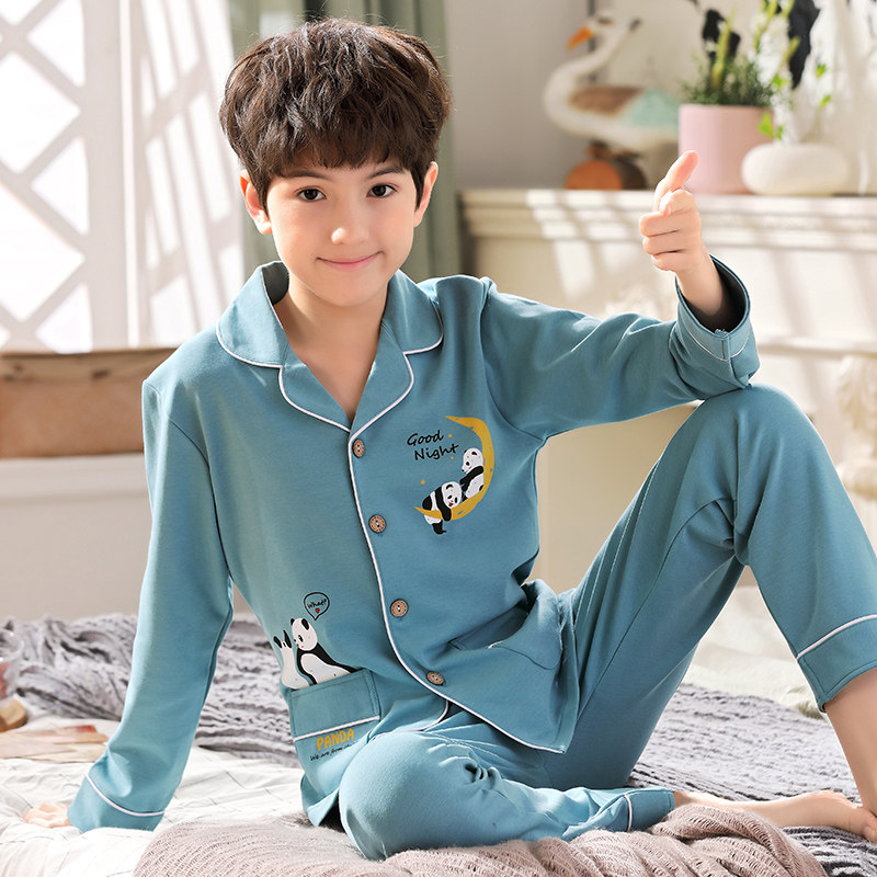 Pajamas Boy Long Sleeve Pure Cotton Spring Autumn Season Thin boy 12 Men's eldest child 15 years old All cotton Home Clothing Elementary School Autumn