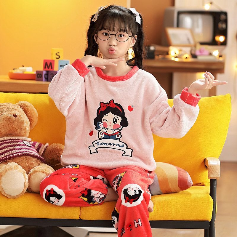 Autumn and winter children's pajamas girls flannel thickened warm junior high school students middle and big boys and girls coral velvet suit