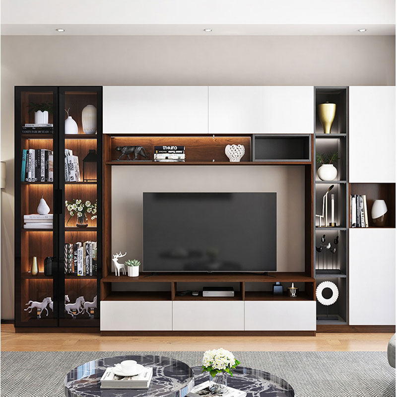 Living room TV cabinet Composition wall cabinet 55 inch small family Type modern minimalist light luxury glass cabinet 65 inch Economy Type of customization