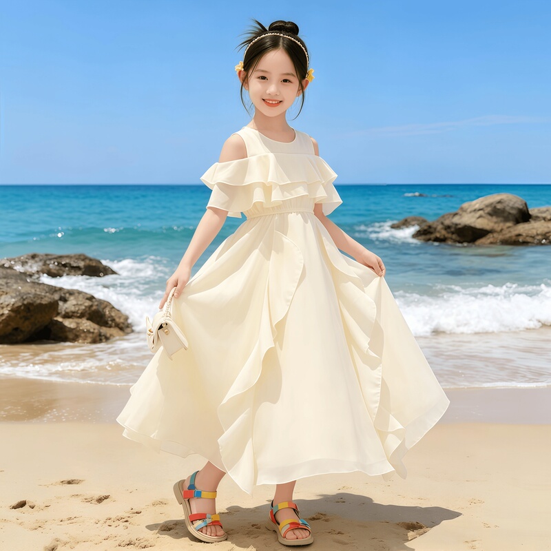 Girls' Summer Off-Shoulder Chiffon Dress, Thin Style, Sweet and Stylish Princess Dress for Junior High School Students, Seaside Beach Vacation Dress Girls' Summer Off-Shoulder Chiffon Dress, Thin Style, Sweet and Stylish Princess Dress for Junior High School Students, Seaside Beach Vacation Dress