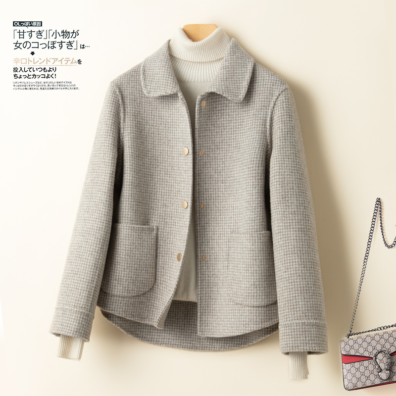 Autumn and Winter Woolen Short Coat for Women, Petite Double-Sided Wool Coat, Houndstooth Woolen Coat with Doll Collar, Loose Fit