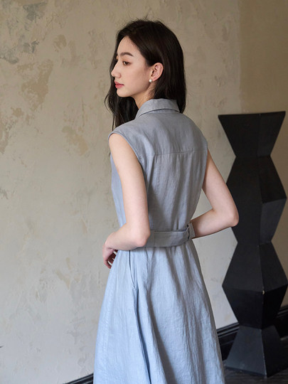 夏盐Summersalt 2025夏季新款100%亚麻蓝色简约舒适无袖连衣裙