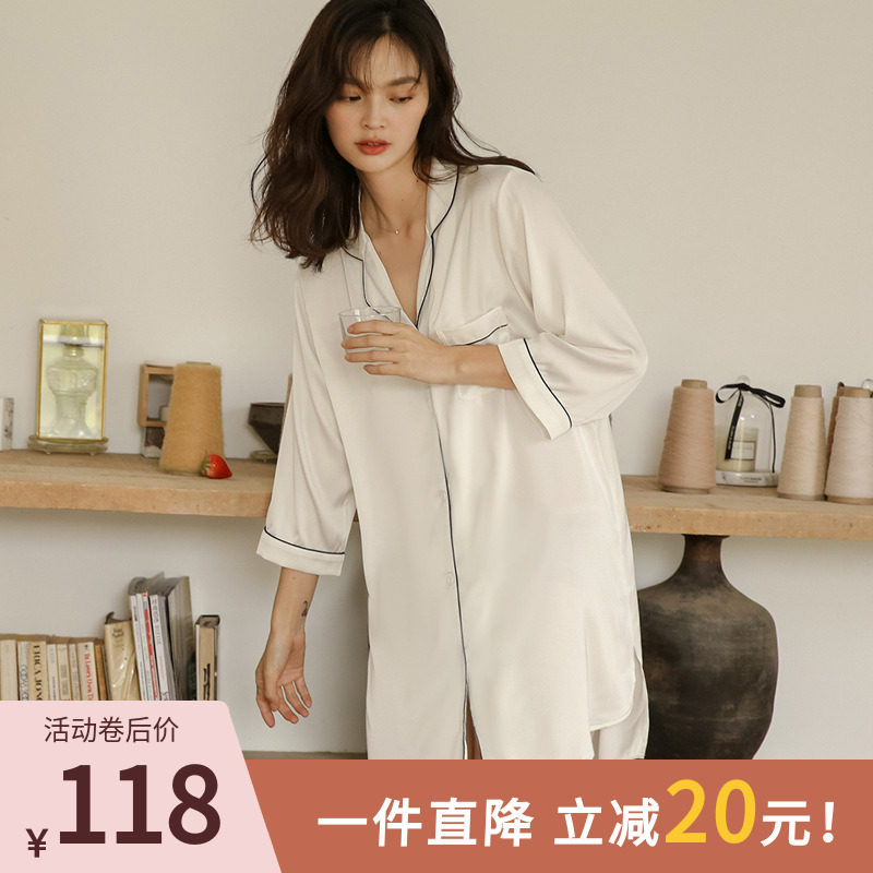Ice Silk Sleeping Dress Woman Spring Autumn 2022 New Sexy Boyfriend Wind Shirt Sleeping Clothes Spring Summer Thin family clothes