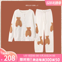 Net Red Cartoon Small Bear Soft Cotton Sleeping Dress Lady Autumn Winter Coral Suede Long Sleeve Thickened Hair Line Cardiovert Suit Suit