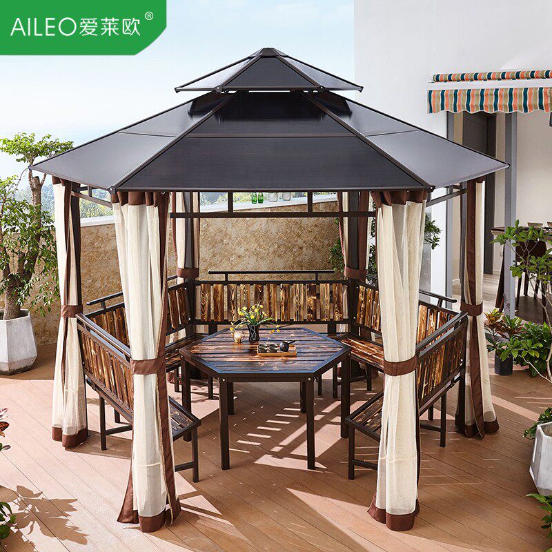 Farmer music outdoor hexagonal pavilion carbonized wood grape frame villa patio sunshine plate retro garden tent