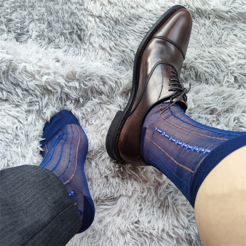 6 Pairs of Men's Formal Mid-Calf Striped Nylon Socks, Japanese Style, Gentlemanly, Sexy, Thin, Breathable, Loose-Fitting, Non-Curling