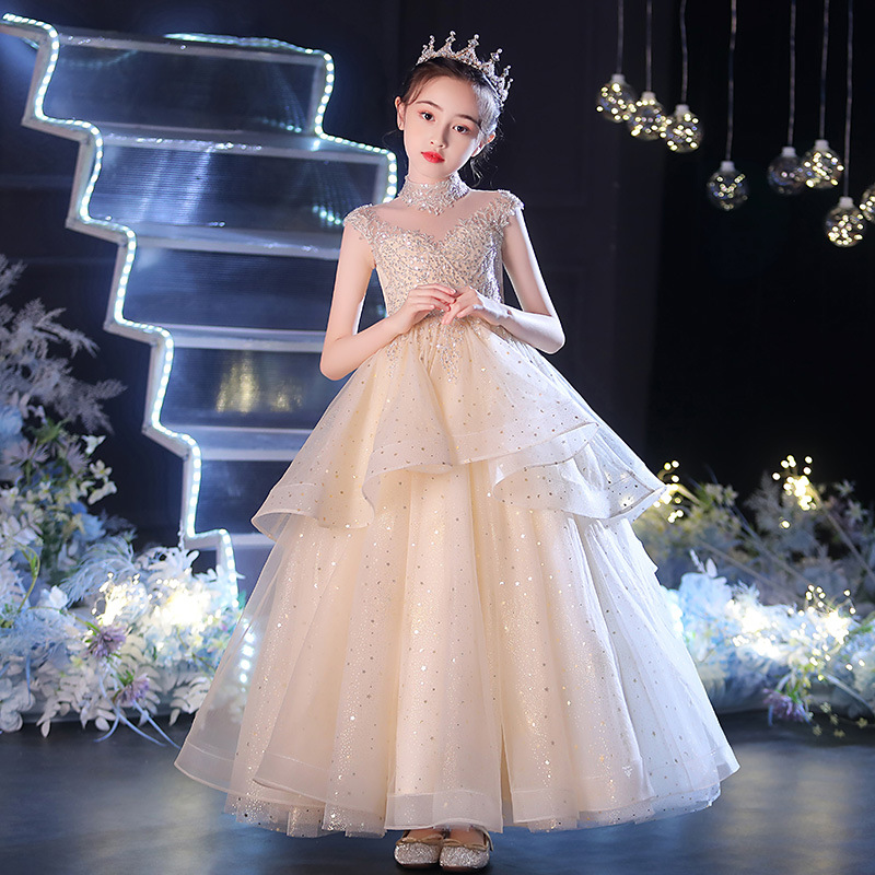 Girl's dress flower childhood host performing show Yueyang Yang Yang Yellow high waist slim piano show long dress