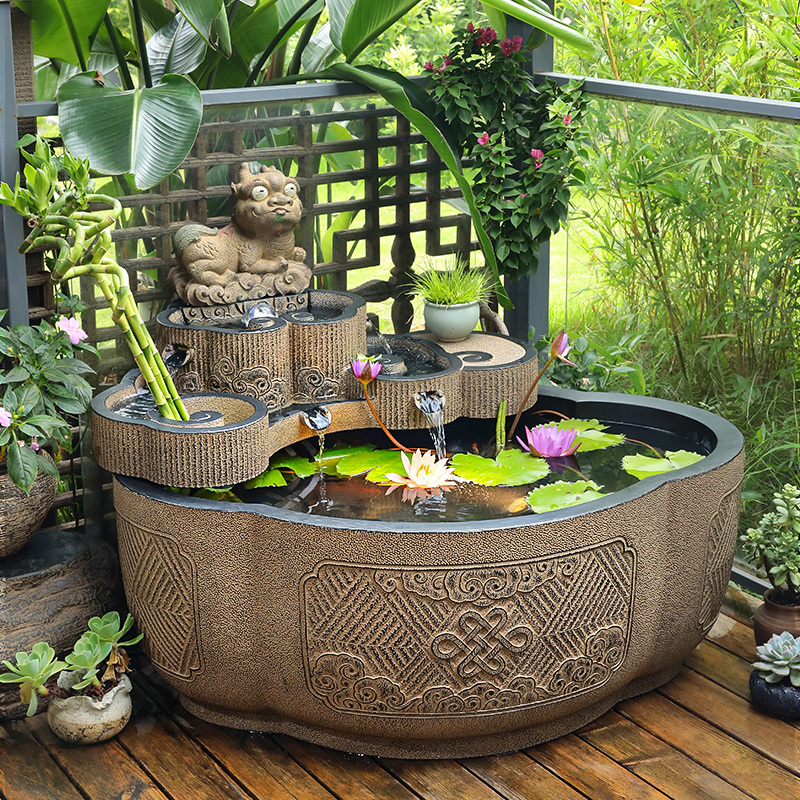 Hanyuntang Courtyard Wealth-Generating Round Fish Pond Water Feature Chinese-Style Outdoor Circulating Water Fountain Landscape Arrangement