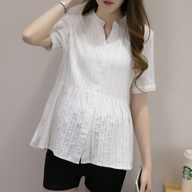 Pregnant Woman Shirt Summer Dress 2022 New Short Sleeves Pure Cotton Blouse Fashion V Collar Big Size Loose Foreign Pie Professional Shirt