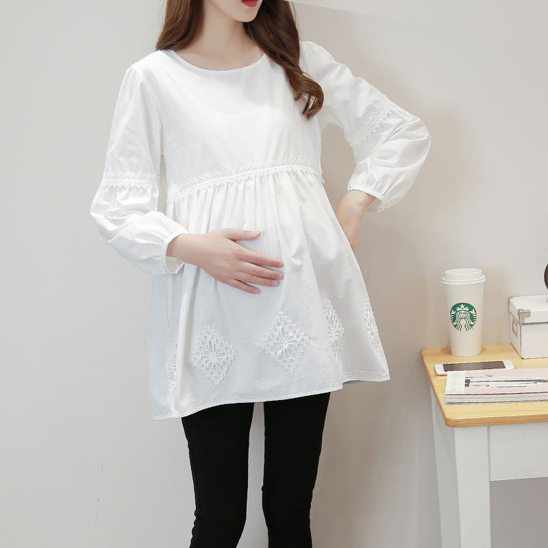 Pregnant Woman Shirt Spring Autumn Season New Fashion Big Size Loose Pure Cotton Medium Long Version Shirt Dress Korean Version Sleeve Head Slapped Undercoat