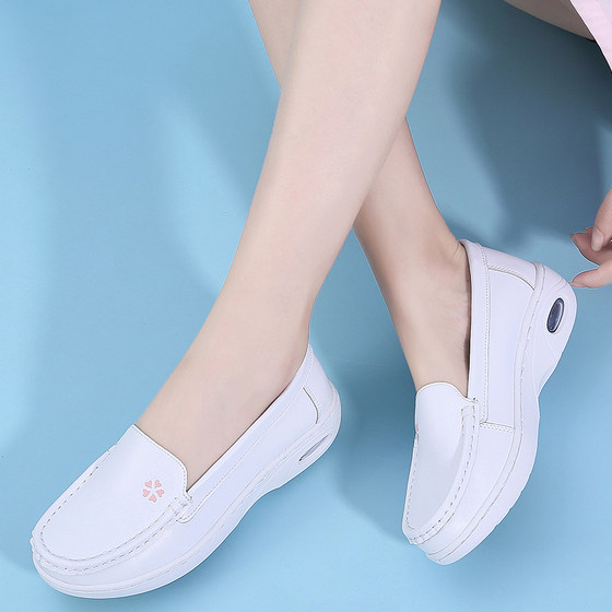 Spring and Autumn Air Cushion Nurse Shoes Women's Breathable Soft Bottom Flat Bottom Comfortable White Genuine Leather Non-Tiring Feet Deodorant Anti-Slip Medical Shoes