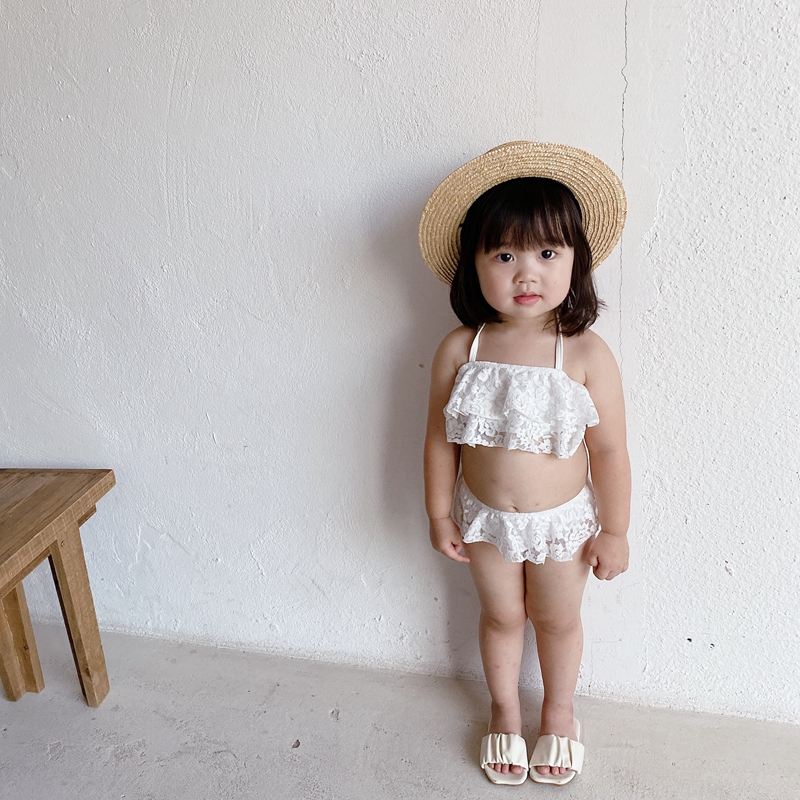 2026 New Korean Girls' Sweet White Lace-Up Two-Piece Swimsuit Bikini for Girls
