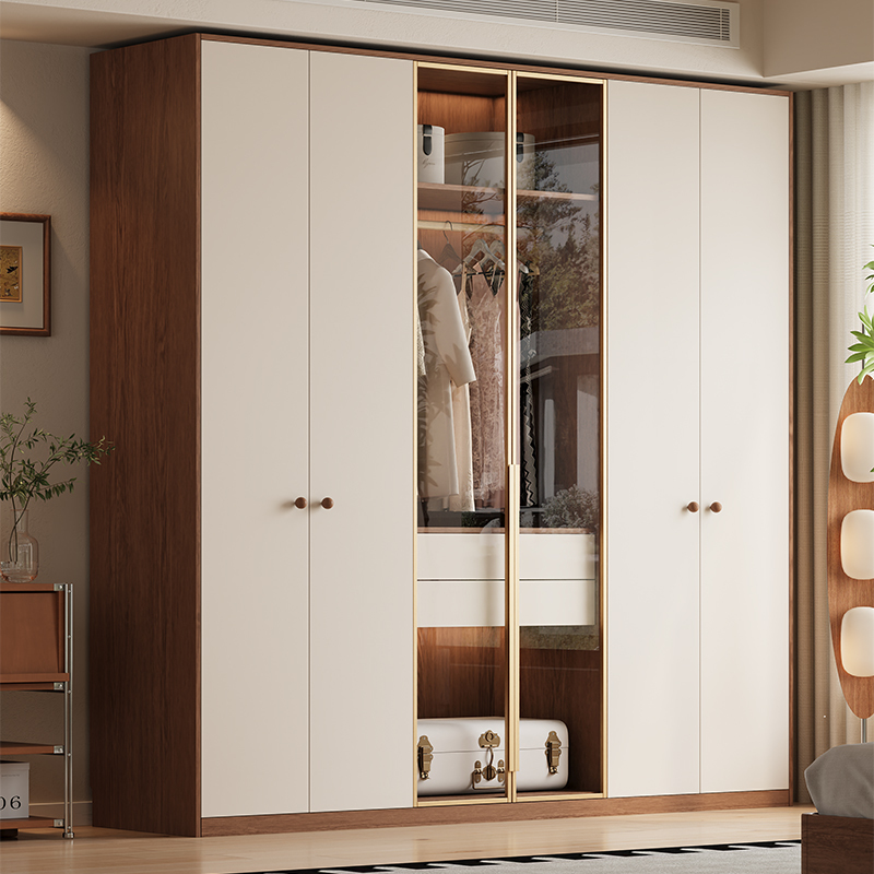 All-Solid Wood Wardrobe with Doors Reaching the Ceiling, Modern Minimalist Wardrobe for Home Use, Bedroom Glass Door Combination Storage Cabinet