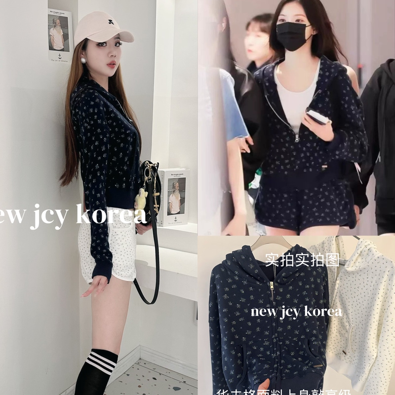 Jcy New Product Korean Letterfrom Waffle Floral Hooded Zipper Cardigan Jacket + Shorts Set Original