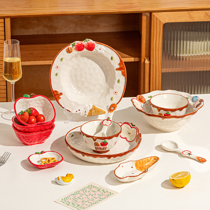 Cute Apple Bowl and Plate Tableware Set, Beautiful Single-Person Ceramic Bowl and Chopsticks Set