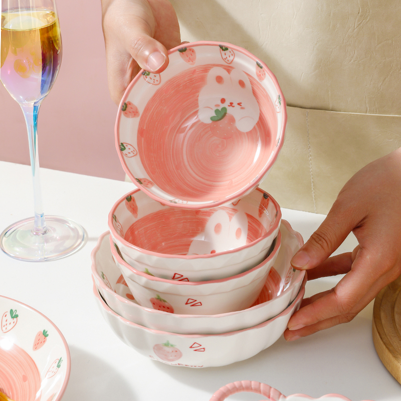 Strawberry Rabbit Bowl Ceramic Cute Bowl for Home Use 2026 New Model Very Beautiful Rice Bowl Small Bowl Children's Set