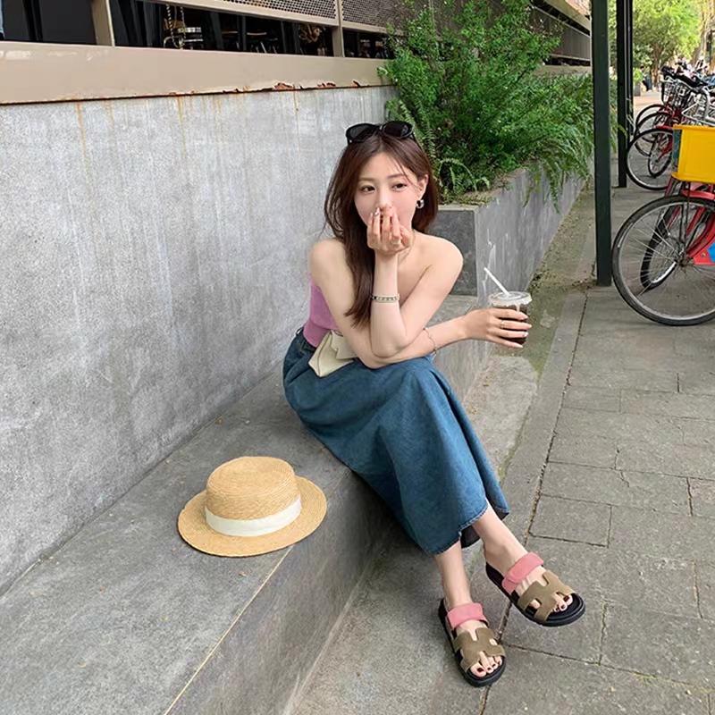 2025 Summer Flat Color-Block Outdoor Sandals for Women Casual Beach Velcro Thick-Soled Slippers