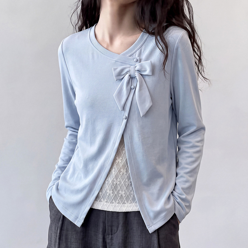 French-Style Bow V-Neck Long-Sleeve T-Shirt for Women, New Autumn Style, Plus-Size, Faux Two-Piece Lace Trim Versatile Top