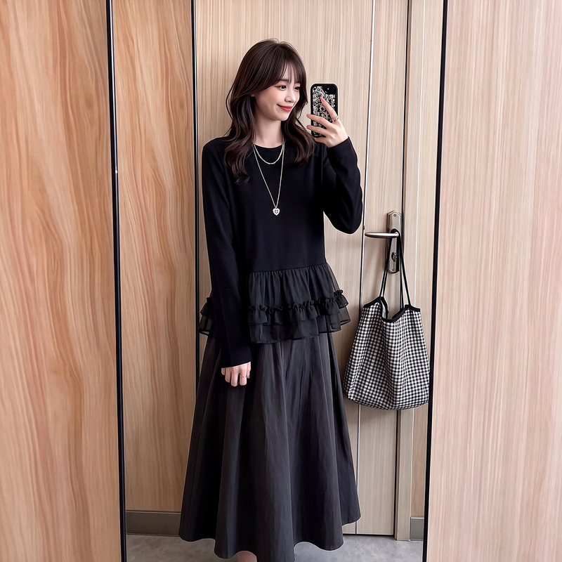 Mesh Patchwork Black Long-Sleeve T-Shirt 2026 Autumn Plus-Size Women's Loose Casual Belly-Covering Top Mesh Patchwork Black Long-Sleeve T-Shirt 2026 Autumn Plus-Size Women's Loose Casual Belly-Covering Top