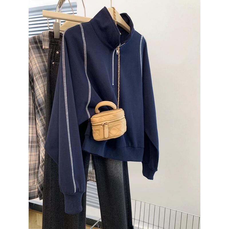Navy Blue Half-Zip Turn-Down Collar Long-Sleeve Sweatshirt for Women, 2026 Autumn, Plus-Size Loose Zipper Jacket Top