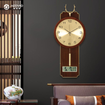 New Chinese wall clock living room home wall watch fashion creative modern light luxury solid wood perpetual calendar silent clock