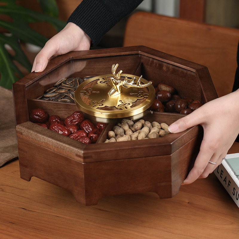 New Chinese style living room solid wood nut tray with lid home candy fruit tea fractional storage box melon seeds dried fruit box
