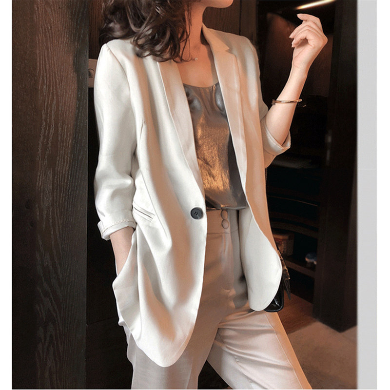 Thin drape suit jacket women's 2021 new casual tri-acetic acid pearl satin three-quarter sleeve small suit top