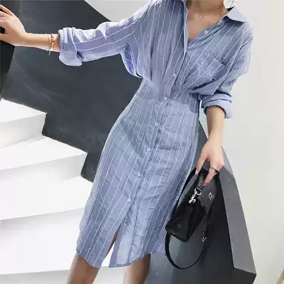 Striped shirt dress waist thin temperament medium and long version gentle style design sense niche shirt style dress