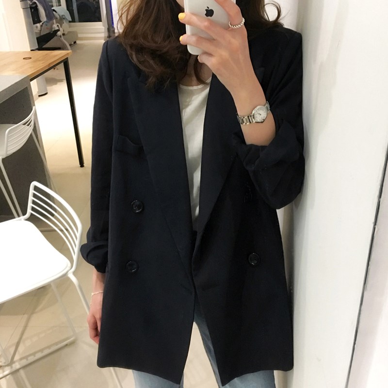South Korea 2021 spring autumn new black small suit jacket female Korean version loose 100 hitch leisure Inn wind small west suit