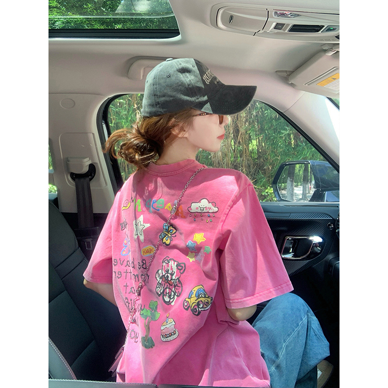 Pink Trendy Brand Short-Sleeve T-Shirt for Women, 2026 New Summer American-Style Loose Niche Design Heavy-Duty Graffiti Top Pink Trendy Brand Short-Sleeve T-Shirt for Women, 2026 New Summer American-Style Loose Niche Design Heavy-Duty Graffiti Top