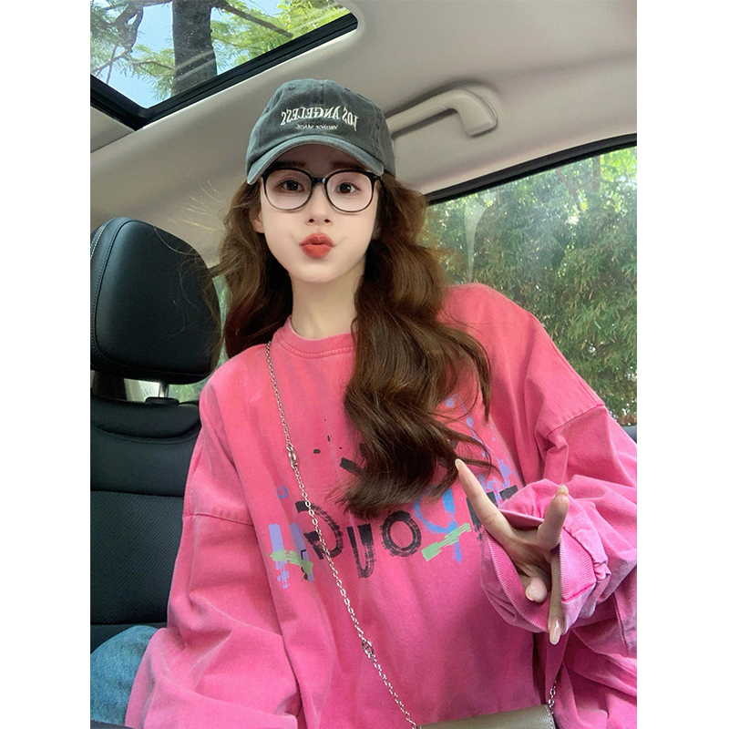 Rose Pink Graffiti Long-Sleeved T-Shirt for Women 2026 New Spring and Autumn Oversize Trendy Brand Casual Design Top