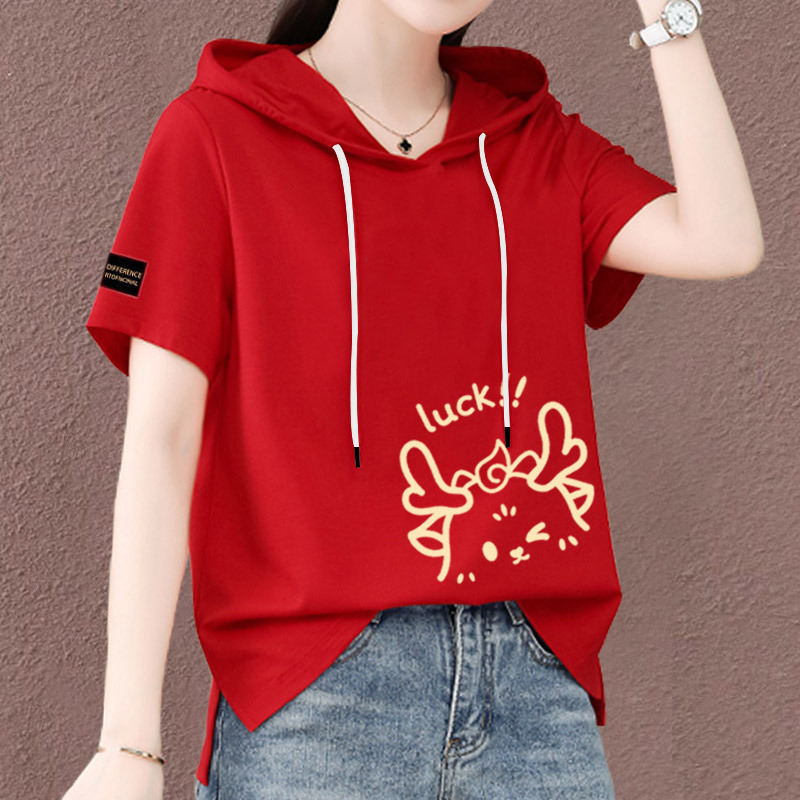 Early Spring New Style Pure Cotton Short-Sleeved Red Sweatshirt for Women, Loose Fit, 2026 Summer Fashion Hot Item, Hooded Base T-Shirt