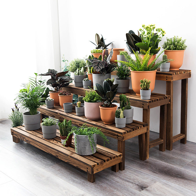 Multi-layer staircase outdoor flooring frame anti-corrosive wooden courtyard waterproof solid wood flooring frame outdoor multi-staircase flower frame