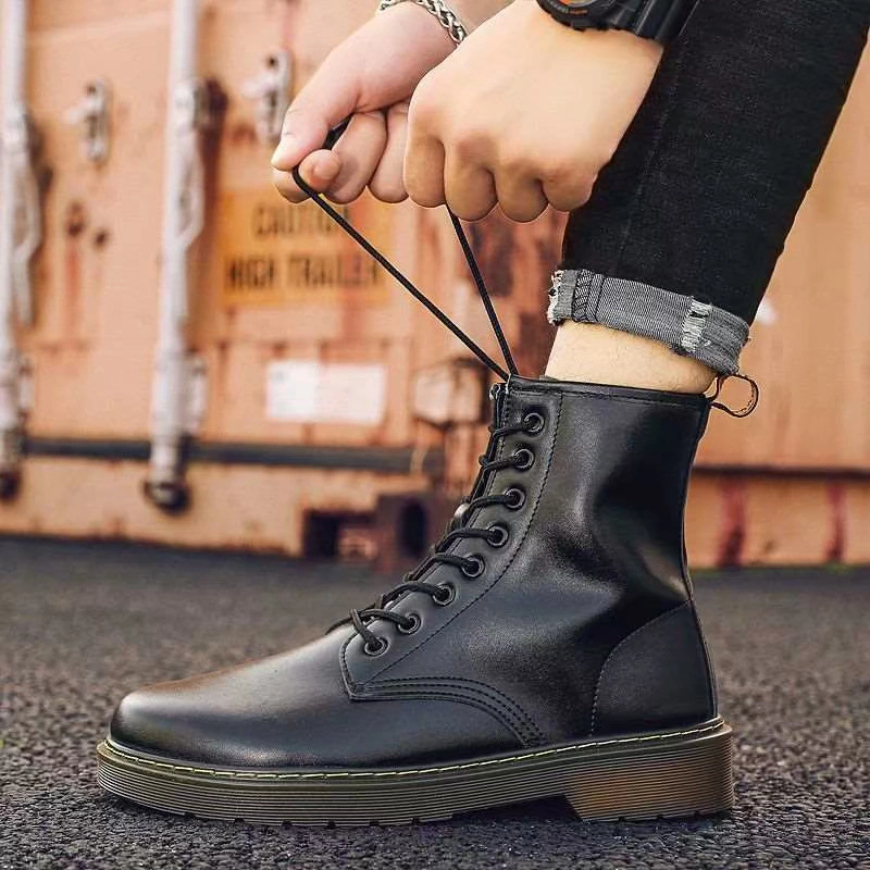 Martin boots nam mùa thu cao cấp thoáng khí giày công cụ phong cách Anh hợp thời trang của nam giới hợp thời trang tăng giày quân đội giày cao cấp giữa giày nam - Giay cao